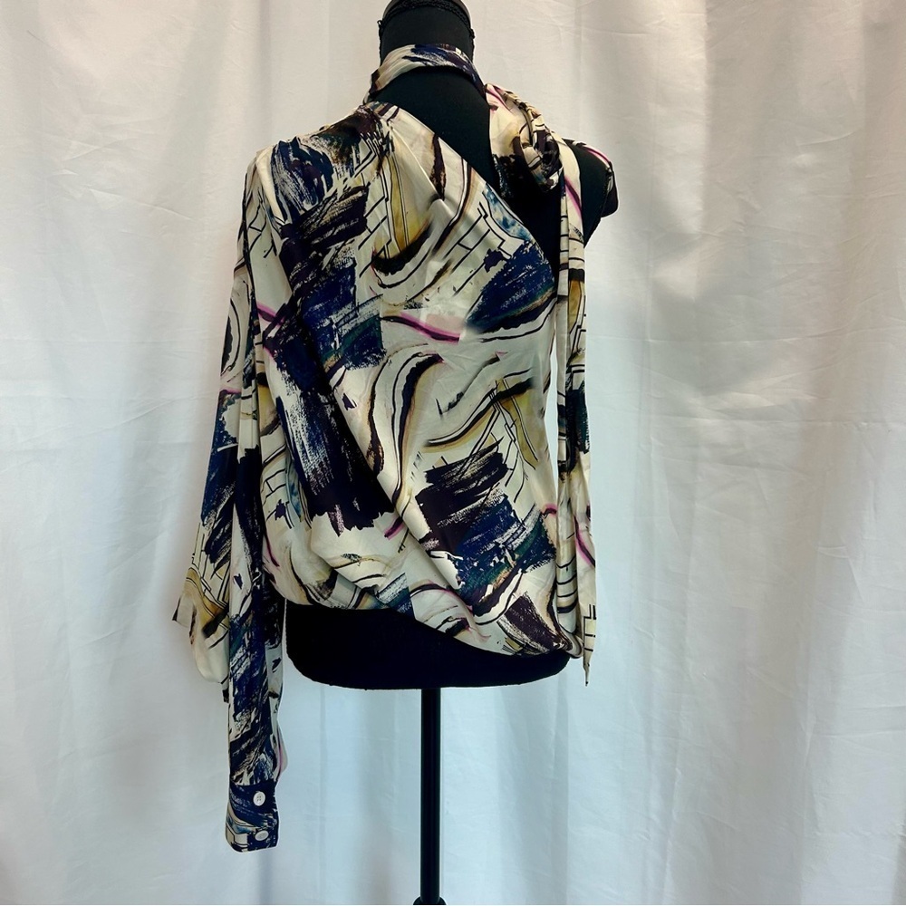 Zara limited edition abstract print asymmetrical one shoulder tie neck blouse M - Picture 6 of 14